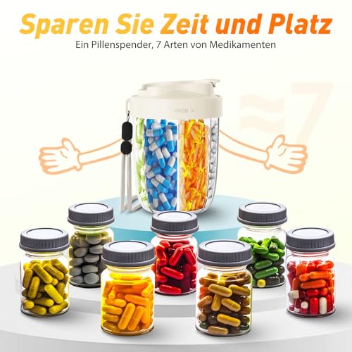 Tablettenbox 7 Tage Morgens Mittags Abends | Rund mit 7 Großen Fächern & Anti-Verwechslungs-Design | Breite Öffnung, BPA-frei & Tragbar | Für Medikamente, Vitamine, Fischöl usw (Weiß)