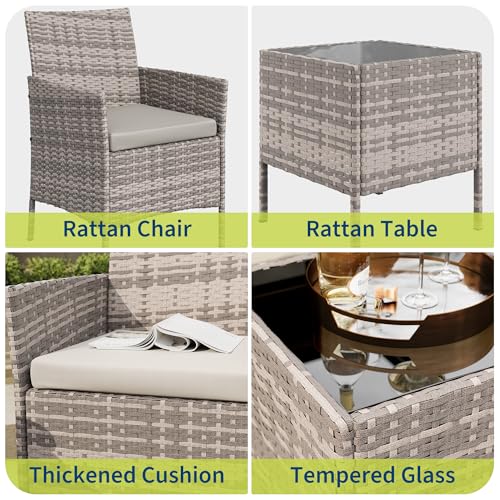 Image of GAOMON 3-Piece Patio Furniture Set, Modern PE Rattan Conversation Set with 2 Chairs & Tempered Glass Coffee Table, All-Weather Outdoor Seating for Garden, Porch, Balcony, Poolside, Grey /Light Grey