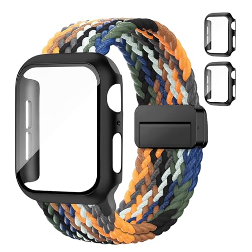 Braided Bands and Case for Apple Watch Bands for Women 40mm 44mm 46mm 42mm 45mm 41mm 38mm Men,Magnetic Nylon Sport Stretchy Solo Loop Elastic Strap with Cover for iWatch Series 11 10 9 8 7 6 5 4 3 SE