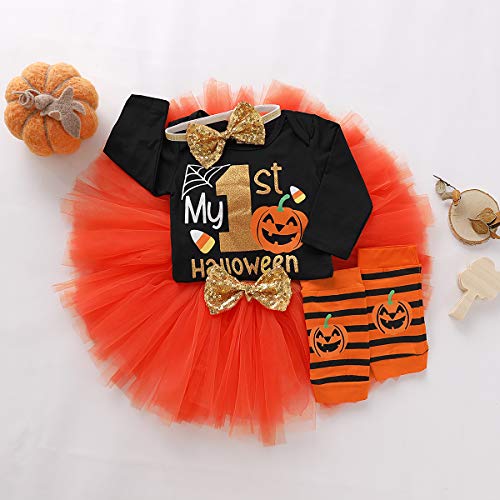Baby Girl Halloween Costumes,My First Halloween Outfit Girl,Newborn Halloweens Costume,Infant Pumpkin Romper + Leg Warmers + Tutu Skrit + Headband,4pcs Halloweens Baby Clothes Set 3-6 Months,Orange - Image 2