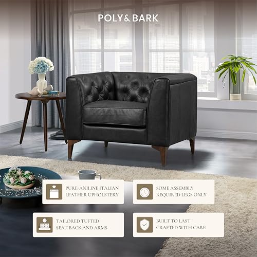 Image of POLY & BARK Essex 40 inch Lounge Chair - Onyx Black Full-Grain Pure-Aniline Italian Leather, Tufted Back & Arms, Feather-Down Cushions, Walnut Wood Legs