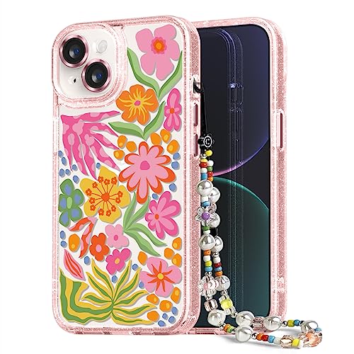 Image of Designed for iPhone 14 Case Pink Glitter Clear - Cute Bling Phone Case with Wrist Strap - Aesthetic Y2K Case for Woman, Girl 6.1 inch (Passion Flower)