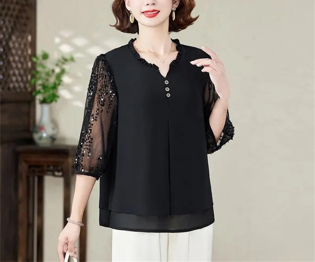 Camicetta estiva da donna in chiffon con scollo rotondo in pizzo patchwork maniche a 3/4 top leggero