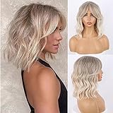 Aisaide Short Ombre Ash Blonde Wavy Bob Wig with Curtain Bangs Short Ash Platium Blonde Wavy Wig Ombre Light Brown Curly Bob for Women Natural Hair with Bangs 14inch