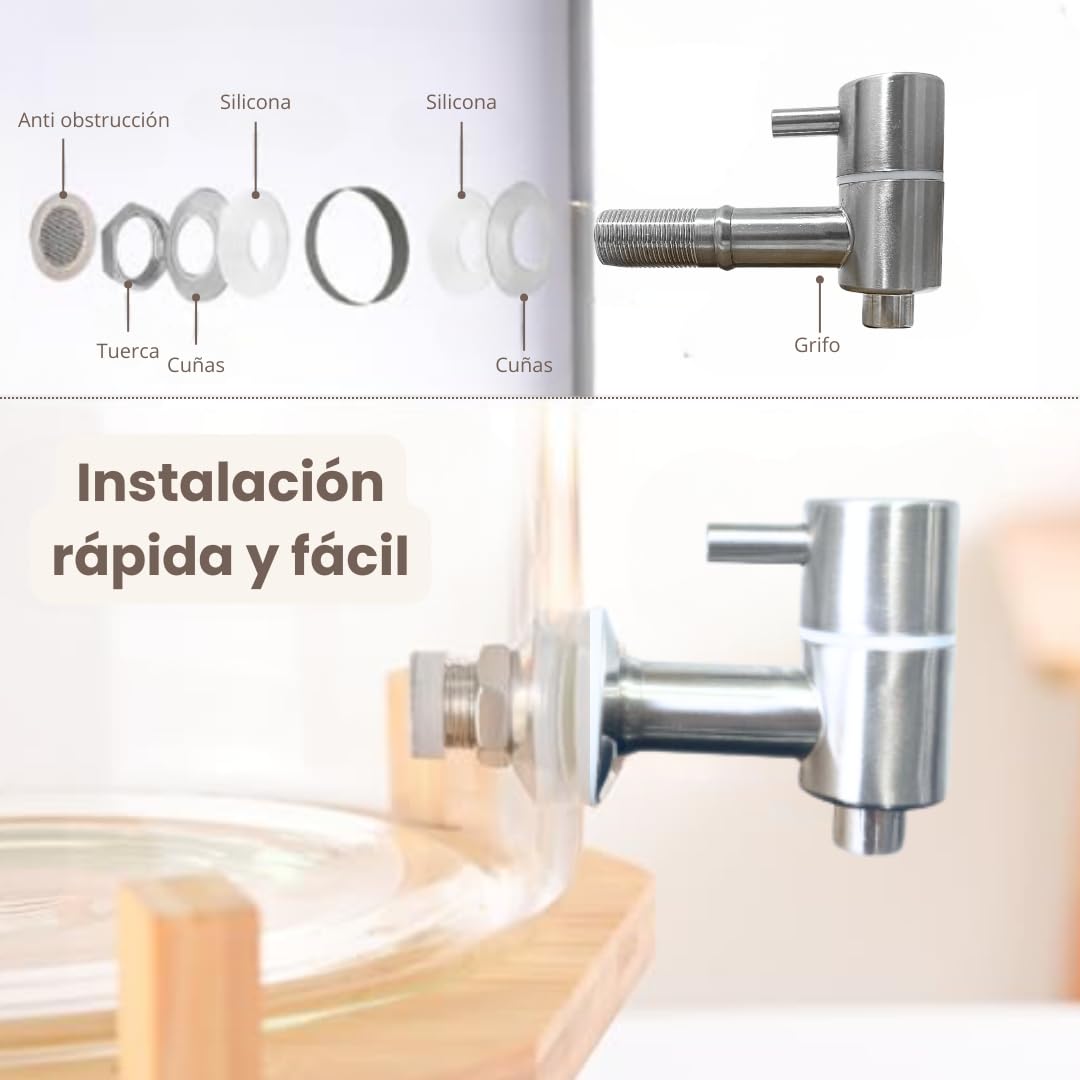 Dispensador de Bebidas de Cristal con Grifo, Piedras Terapéuticas, Tapa y Soporte Madera de Bambú - Incluye Filtro para Mezclar en Interior - 5 Litros