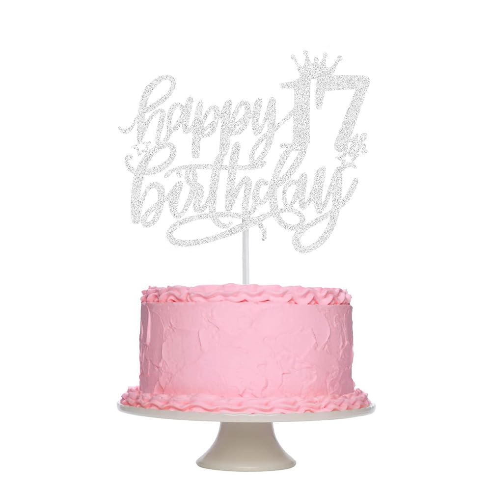 Fechy Happy 17th Birthday Cake Topper Silver Glitter for Hello 17,Cheers to 17 Years,17 & Fabulous, 17th Birthday Cake Pick 17 Years Old Birthday Party Cake Decorations(Silver)