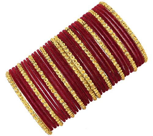 Image of NMII Premium Glass & Golden Beads Velvet Bangle Set For Women and Girls | Velvet Chudi | Traditional Chudi Set | Designer Girl's Bangles Bracelet | Wedding, Party, Festive, Daily- Set of 34