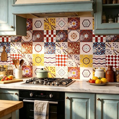Vinilos Resistentes Al Calor 20x20cm Amarillo, Naranja, Rojo Baldosas Adhesivas Pared para Decoración | Material Vinilo Duradero, Impermeable y Fácil de Limpiar | Ideal para Cocina,Sala de Estar