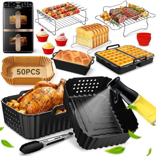 Airfryer Zubehör für Philips Airfryer 4000 Series Stacked Dual Basket 10L Heißluftfritteuse Zubehör für Philips NA460/NA462 Silikonform Heißluftfritteuse mit Grillrost Waffelform Brotbackform