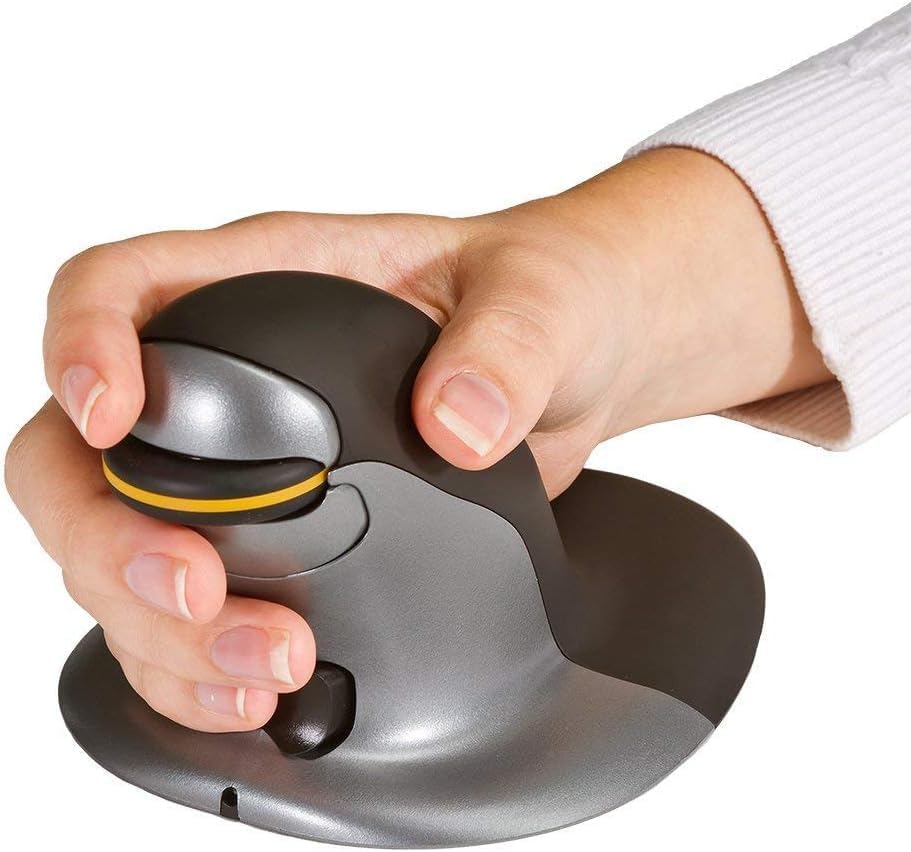 Hand holding the Posturite Penguin Vertical Mouse in an ergonomic handshake position