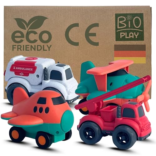 BIOPLAY® Juguetes de plástico orgánico [Set de 4] Vehículos y avión | Interior y Exterior | Juguetes de Coche sostenible a Partir de 1 año | camión | Juguetes de Arena a Partir de 1 año