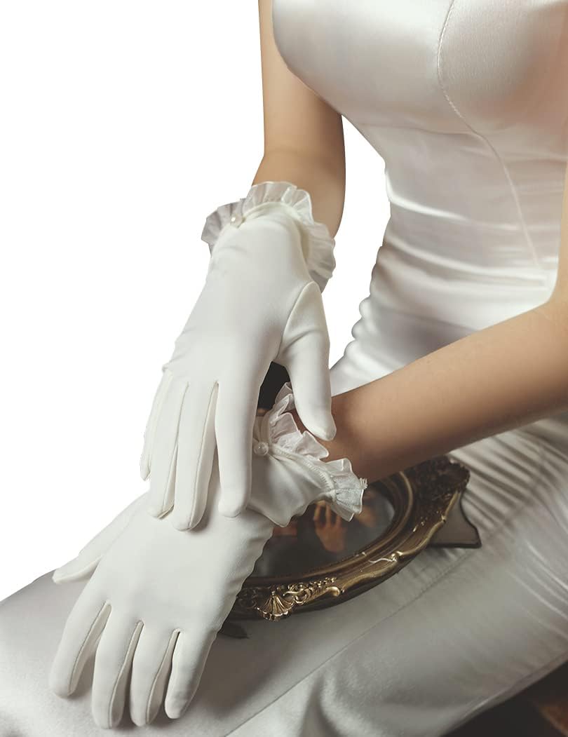 Ivory Short Satin Gloves Ruffle Floral Lace with Pearls Opera Tea Evening Party Gloves for Women Formal