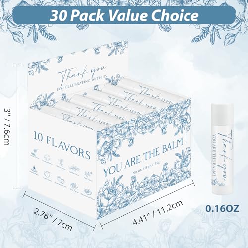 Image of 30 Pcs Blue Flower Wedding Thank You Gifts Moisturizing Lip Balms Bulk for Celebrating with Us Gifts Baby Shower Birthday Party Favors You Are The Balm Beeswax Reception Ideas Giveaways Guests