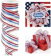 HUIHUANG Red White Blue Stripe Ribbon 2.5 inch Patriotic Sheer Wire Edged Ribbon 10 Yards America...
