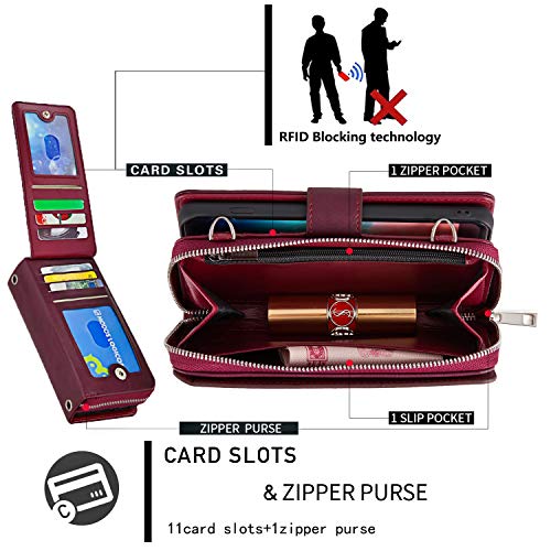 Modos Logicos Crossbody Bag For Galaxy S10 Plus, Detachable Wallet Folio[Shoulder Wrist Straps][Zipper Storage][11 Rfid Blocking Card Slots]Pu Leather Purse With Removable Magnetic Tpu Case - Winered #TOP2