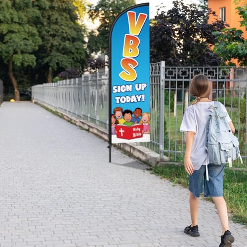 Image of Remagr 2 Pack Vbs Church Feather Flag 7 ft Advertising Swooper Flag Sign Windless Vacation Bible School Feather Banner with Pole Kit and Ground Stake for Businesses Outside Ground