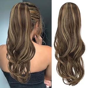 KooKaStyle Ponytail Extensions, 22 inch Balayage Chocolate Brown with Highlights Long Drawstring Wavy Clip in Ponytail Hair Extensions Layered Synthetic Hairpiece for Women