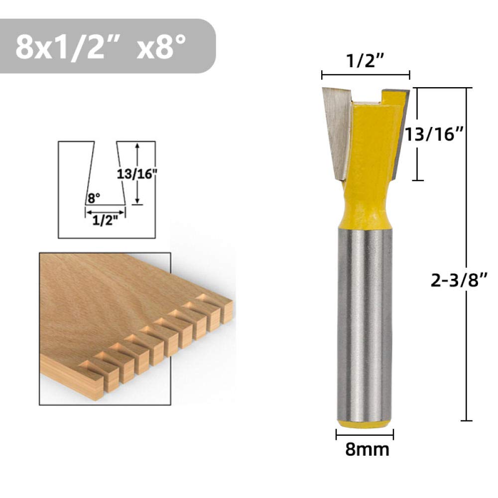 Frese per legno Punte per fresatura a coda di rondine con gambo da 8 mm 1/4 3/8 1/2 3/4 5/8 Fresa per fresa per incisione per lavorazione del legno