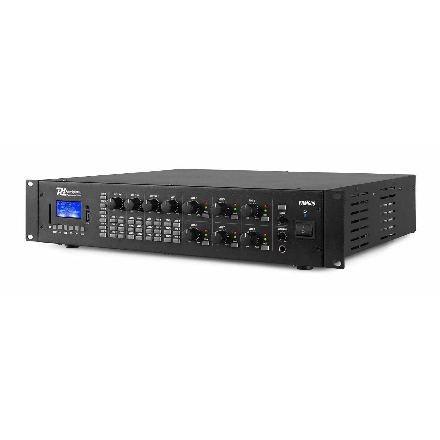 Power Dynamics PRM606 - Amplificateur Matriciel avec 6 Canaux 100 V 6x60W, Lecteur MP3/USB/SD, Technologie Bluetooth, Prises 6,35mm, Idéal pour l'Installation dans Un Bureau ou Magasin
