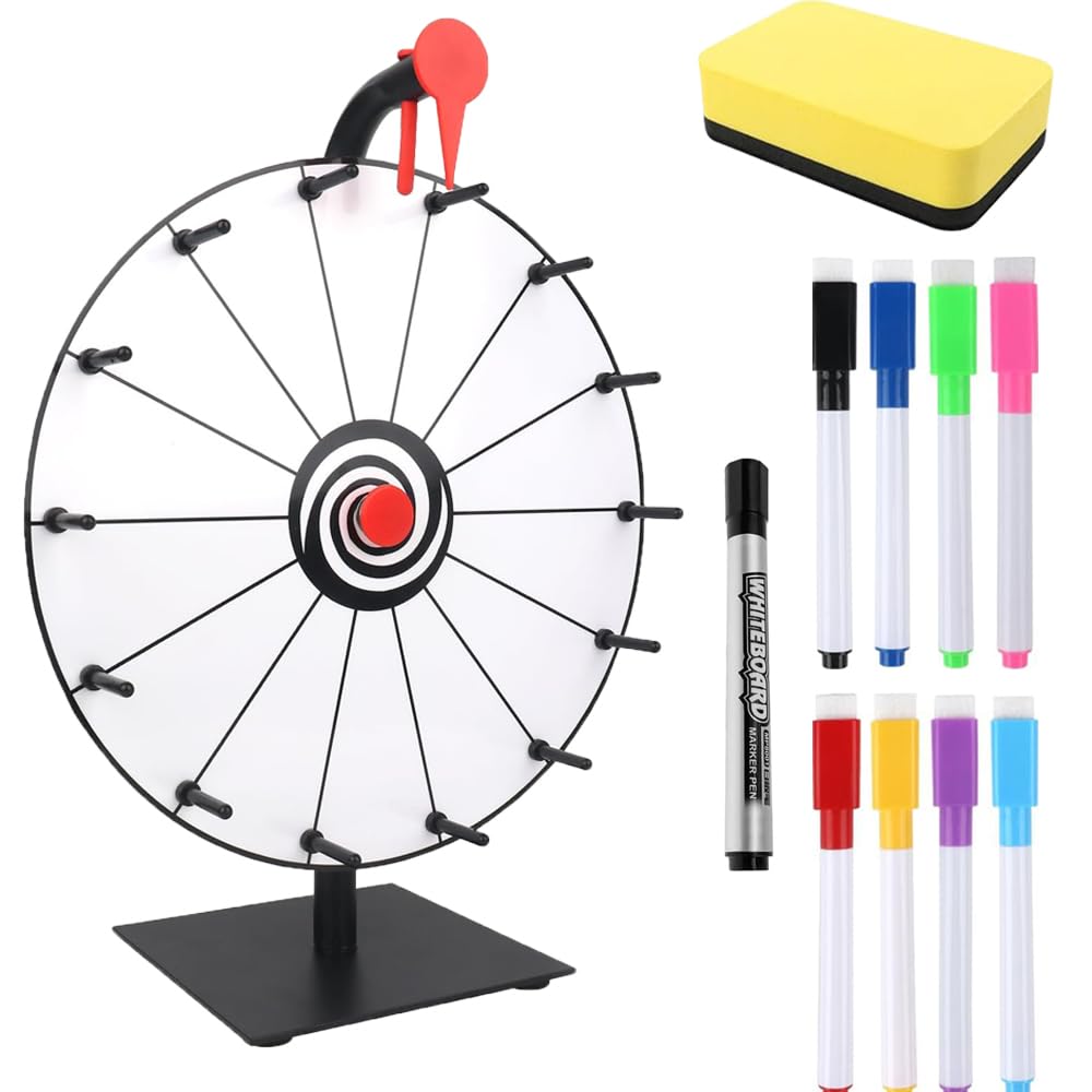 Ruota della fortuna da ruotare, 30 cm, da personalizzare con 14 slot, spinning Prize Wheel giocattolo con gomma e pennarello, per carnevale, vincere giochi Fortune Spin, bianco e nero