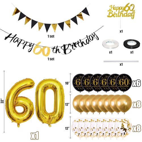 Image of Jobkoo 60th Birthday Decorations, Black Gold 60th Birthday Party Decoration for Men Women Golden Black Balloons 60th Cake Topper 60th Banner for 60 Year Old Party Supplies
