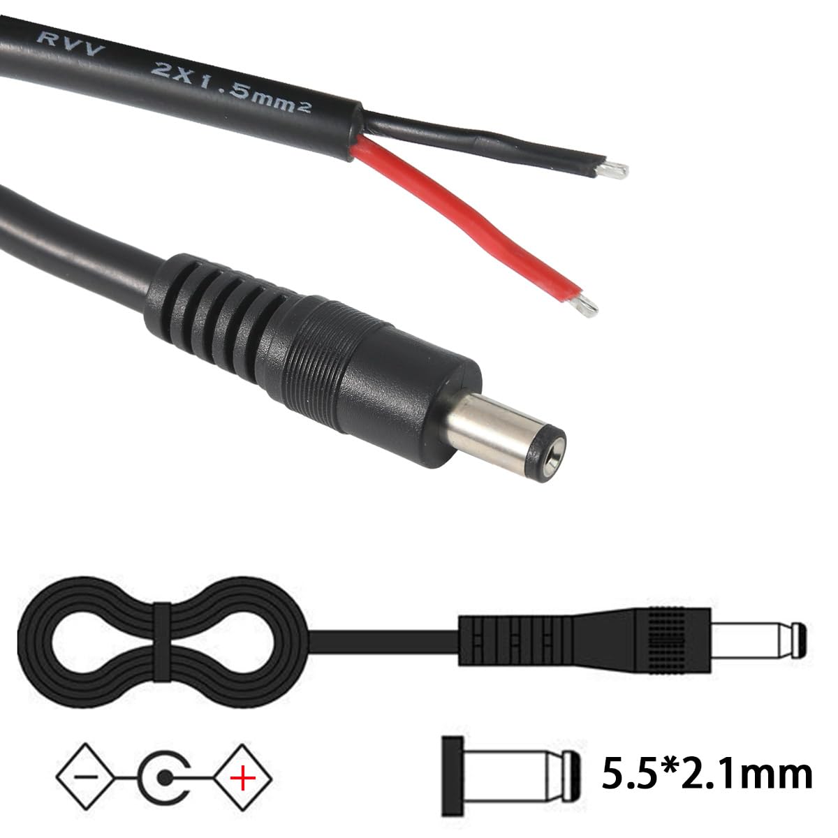2Pcs 3FT 14AWG 15A 12V DC Power Pigtails Cable, 5.5mm x 2.1mm Male Barrel Jack Plug to Bare Wire Open End Repair Cable for CCTV Security Camera,DVR,LED Strip Light Power Supply Replacement - Image 2
