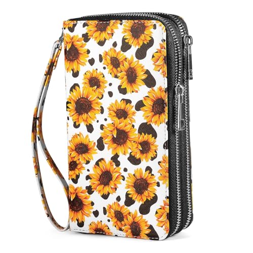 HAWEE RFID Wallet with Phone Pocket for Women - Double Zipper Wristlet Purse Large Capacity 17 Card Slots Coin Pocket Cow Sunflower