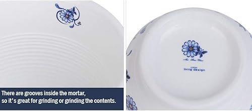 Miniatura 4 de Mortero de cerámica con patrón de mariposa y flor para especias, condimentos, pastas, pestos y guacamole gris coreano (azul)