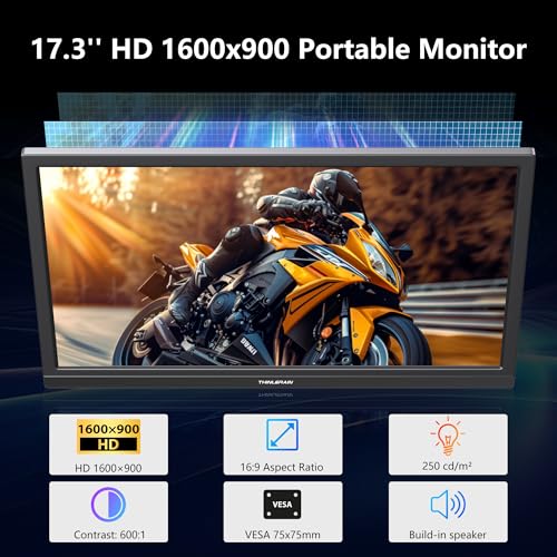 Image of Thinlerian 17.3 Inch Portable Monitor 1600x900 HD Resolution with USB-C HDMI Dual Speakers, External Display Second Screen for Laptop PC Phone, Travel, Office