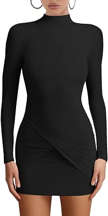 Womens Sexy Long Sleeve Turtleneck Bodycon Mini Dresses Ruched Party Short Dress