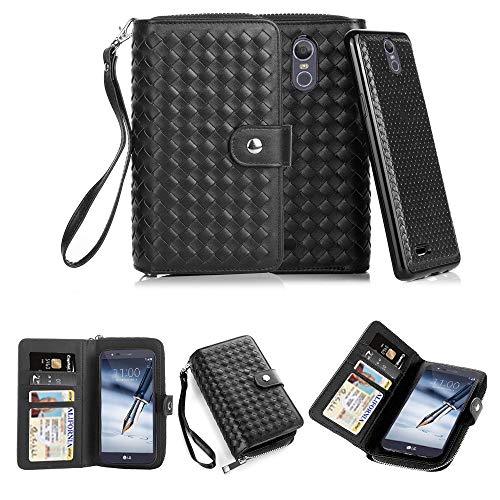 TabPow LG Stylo 3 Case,Weave Zipper Cash Slot, Card Slots, Button, Leather Wallet Case Cover with Detachable Case for LG Stylo 3/ LG Stylo 3 Plus - Weave Black