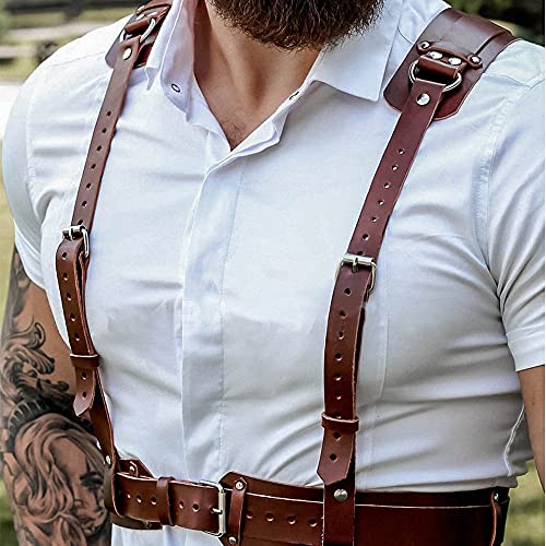 Goobester Brown Leather Harness Men Belts Adjustable Body Bondage Strap Punk Top2