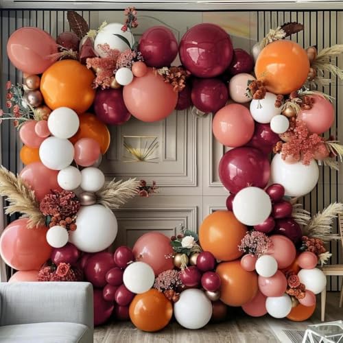 Image of Orange Red Balloon Garland Double Stuffed Burgundy White Balloon Arch Kit | Dusty Pink Orange Balloons for Fall Autumn Birthday Pumpkin Wedding Baby Shower Bridal Shower Backdrop Party Decorations