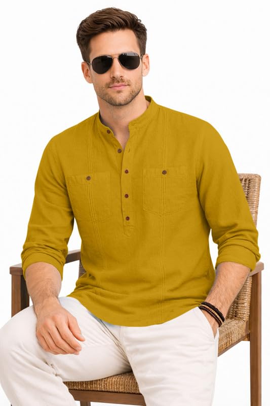Image of ROYALSCOUT Men's Cotton Polyester Blend Kurta Style Shirt with Mandarin Collar, Half Button Placket, Dual Chest Pockets, Long Sleeve Casual Ethnic Fusion Wear for Office, Festive and Daily Use