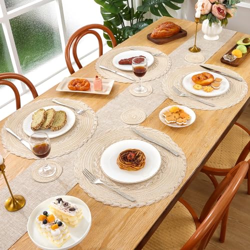 SHACOS Set of 6 Round Placemats, 38 cm Washable Cotton Placemat and 6 Pcs Coasters 10 cm, Decorative Heat Resistant Placemat for Kitchen Dining Table - Image 3