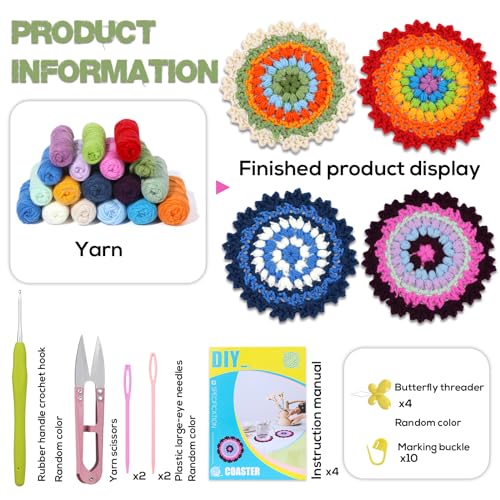 BUOKKON Crochet Kit for Beginners Coaster Beginner Crochet Kit with Step-by-Step Video Tutorials Yarns Crochet Hook - Image 2