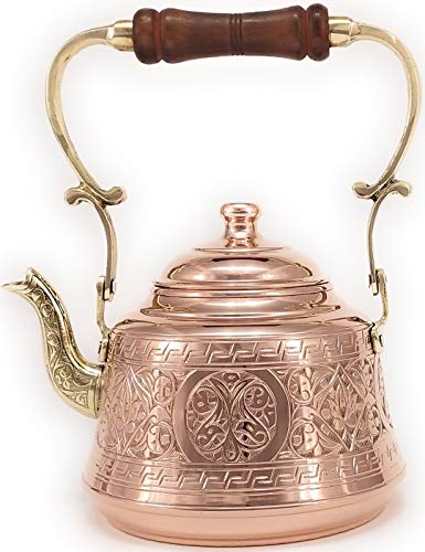 The Silk Road Trade - 2020 - EC Series - Heavy Gauge Thickness Handmade Large Copper Coffee/Tea Pot Kettle Stovetop with Ergonomic Wooden Handle (2.1 Quart / 2.0 Liter / 67.6 fl.oz) (Engraved)