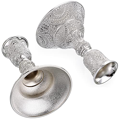 Ownmy 2Pcs Brass Taper Candle Holders Candle Stick Holders Set Vintage Metal Pillar Candlestick Holders, 4”H Elegant Candle Stand Candelabra For Dining Table Centerpieces Wedding Home Decor, Silver #TOP4