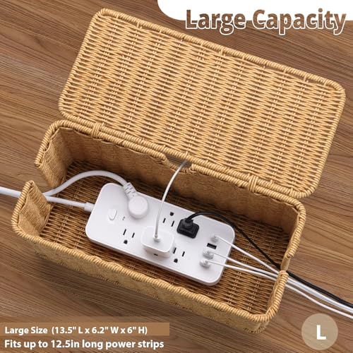 Image of 2Pack Large Cable Management Box, Handwoven Imitation Rattan Cord Organizer | Handwoven imitation rattan cord hider box conceals power strips and cables for a clean desk or floor setup