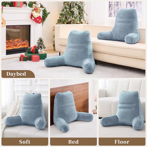 Image of Sasttie Reading Pillow for Bed, Back Pillow for Sitting Up, Greyish Blue | 23 inch Backrest Support Cushion for Couch, Sofa, and Floor, Dorm Essentials, OEKO-TEX, Adjustable Down Alternative Fill