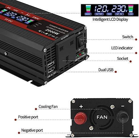 Cantonape Power Inverter 2000w DC 12V to 230V 240V AC Car Converter, 12V Inverter with Cigarette Lighter, 2 USB and UK Sockets Car Adapter With LCD Display