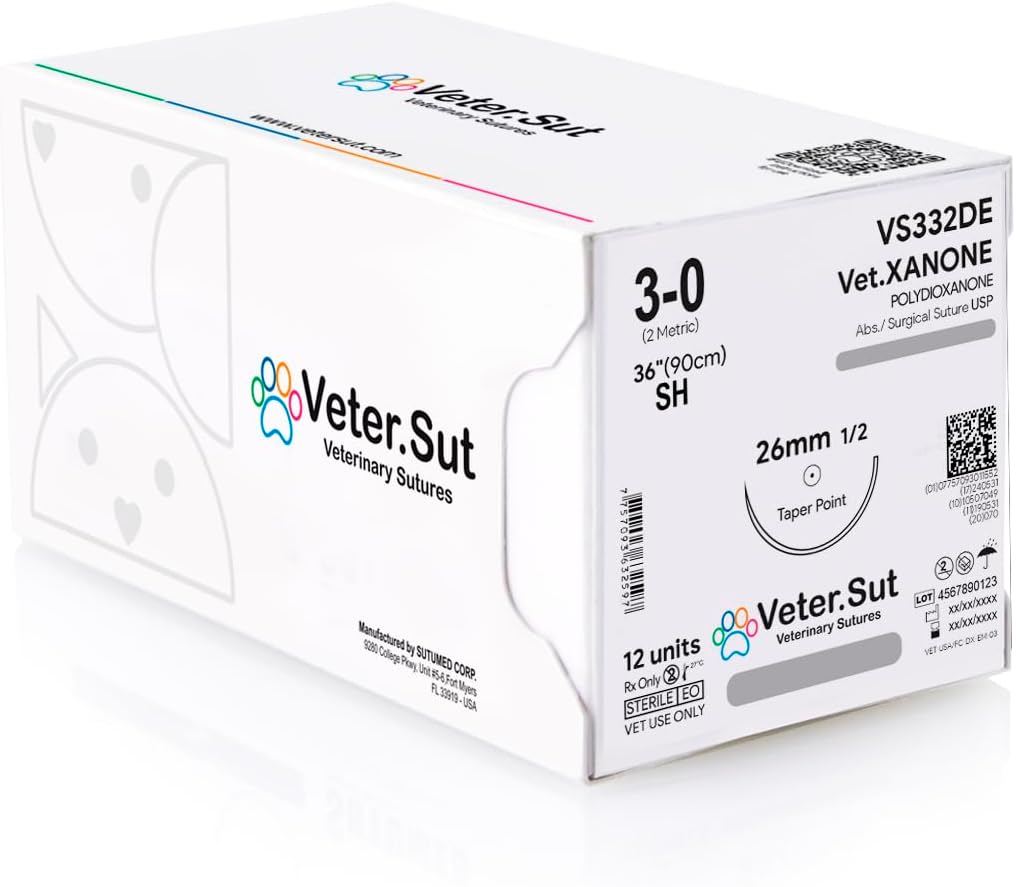 VeterSut VetXANONE Absorbable Polydioxanone Surgical Suture USP Size 3-0, (SH) 1/2 26mm Taper Point Needle, 36 Inches (90 cm), 12 Count, Veterinary Use