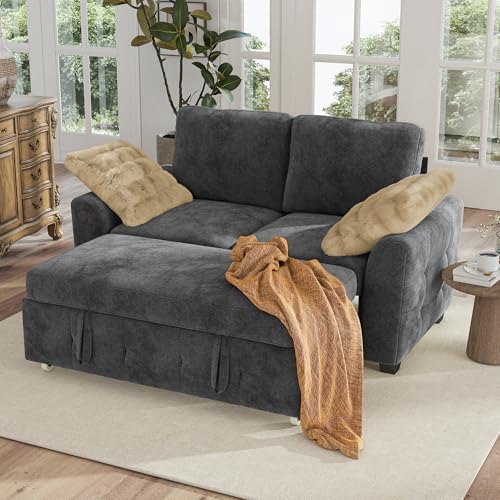 Image of Hanherry 59 inch Loveseat Couch with Pull Out Sofa Bed, Chenille 2-in-1 Convertible 2 Seater Sleeper Sofa with USB Charging,Comfy Love Seat for Small Spaces Living Room Apartment