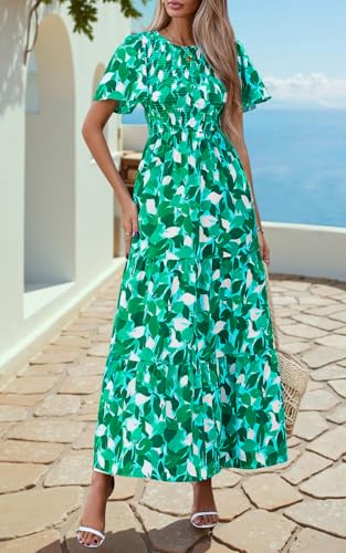 Image of PRETTYGARDEN Women's 2026 Summer Casual Flutter Short Sleeve Boho Floral Maxi Dress Crew Neck Smocked Tiered Long Dresses
