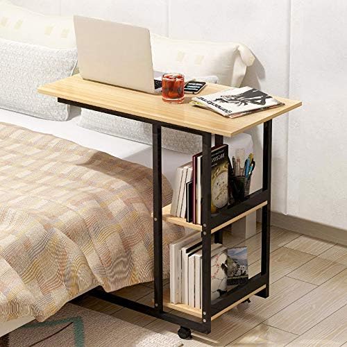 FKUO Side Table Mobile End Table for Coffee Laptop Tablet, Slides Next to Sofa Couch, Wood Look Accent Furniture with Metal Frame and Rolling Casters (Yellow Wood)