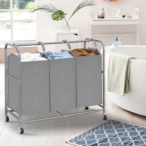 STO STO Laundry Sorter 3 Section with Lockable Wheels, 135L Rolling Clothes Hamper 3 Compartment with Removable Bags, Laundry Basket Cart for Laundry Room, Bedroom, Closet, Gray STO STO Laundry Sorter 3 Section with Lockable Wheels, 135L Rolling Clothes Hamper 3 Compartment with Removable Bags, Laundry Basket Cart for Laundry Room, Bedroom, Closet, Gray - Image 8