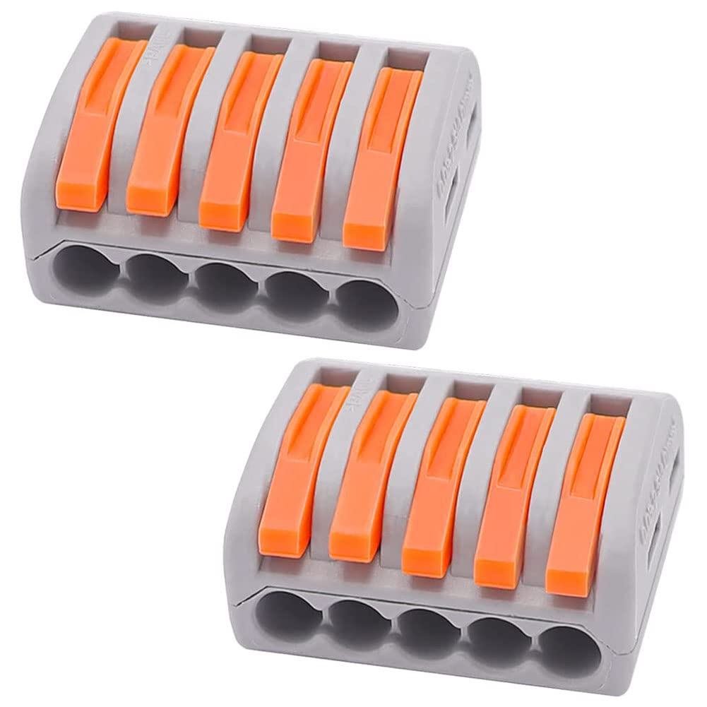 WOODTULA 5 Conductor Combination Compact Wire Connectors - Fast Connection Terminal 28-12 AWG - Splicing Wire Connectors (2pcs, 5-Port, Orange)