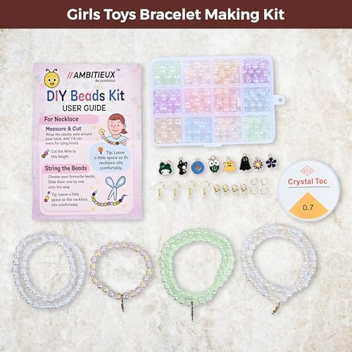 Image of Ambitieux DIY Bracelet Making Kit for Girls - 12 Types Colorful Beads with Charms, Elastic Thread, Earrings, Clasps & Rings - Jewellery Craft Kit for Kids, Birthday Return Gift, Rakhi Special Set for 2 3 4 5 6 7 8 9 10 years (8 and 10 mm metallic)