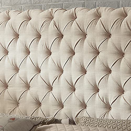 Rosevera Gideon Bed Frame/Fabric Upholstered Bed Frame with Adjustable Headboard/Chesterfield-Styled/Wood Slat Support/Easy Assembly,Queen,Beige