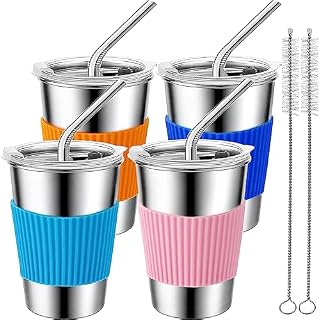 Trusmuu Cups with Lids and Straws, 500ml 4 Pack Reusable Leakproof Stainless Steel Cups, BPA Free Unbreakable Metal Coffee/Beer/Smoothie Camping Cup (4 Colour)